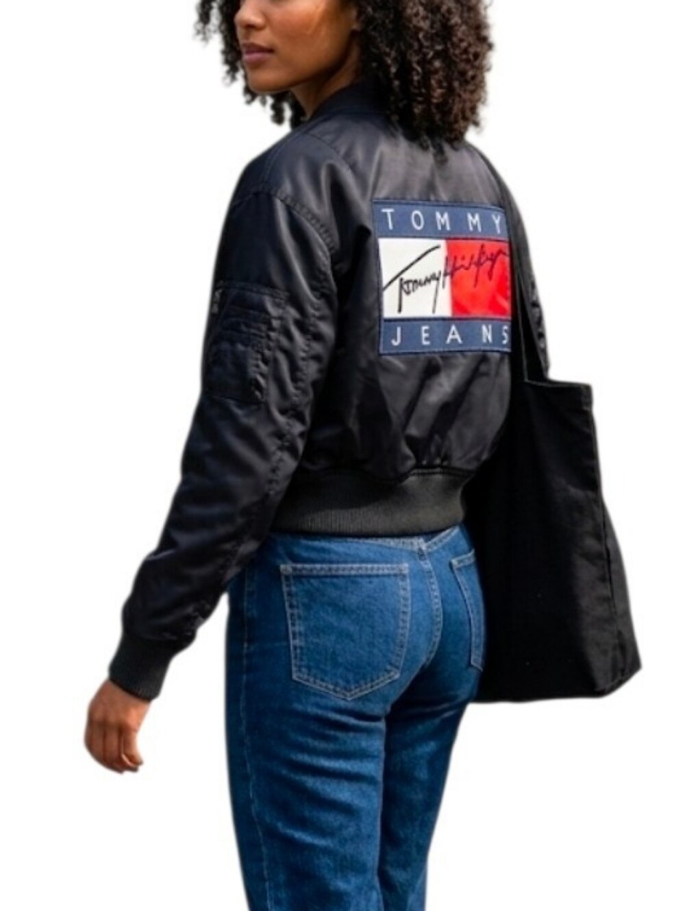 ​Tommy Jeans Cropped Bomber Jacket Women's Size Small Embroidered Flag Logo
